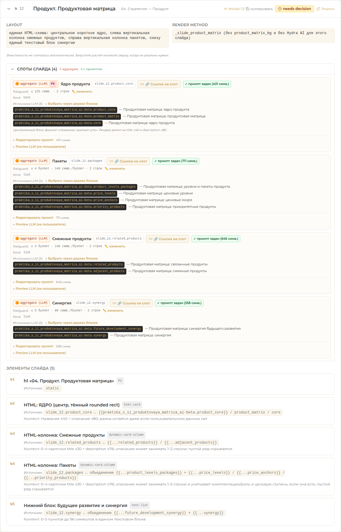 Каждый элемент слайда связан с источником, промптом и лимитом