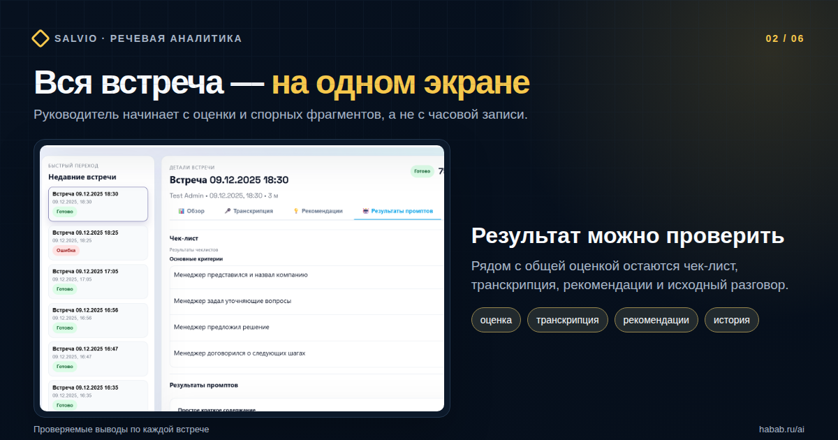Интерфейс встречи с оценкой, чек-листом и рекомендациями