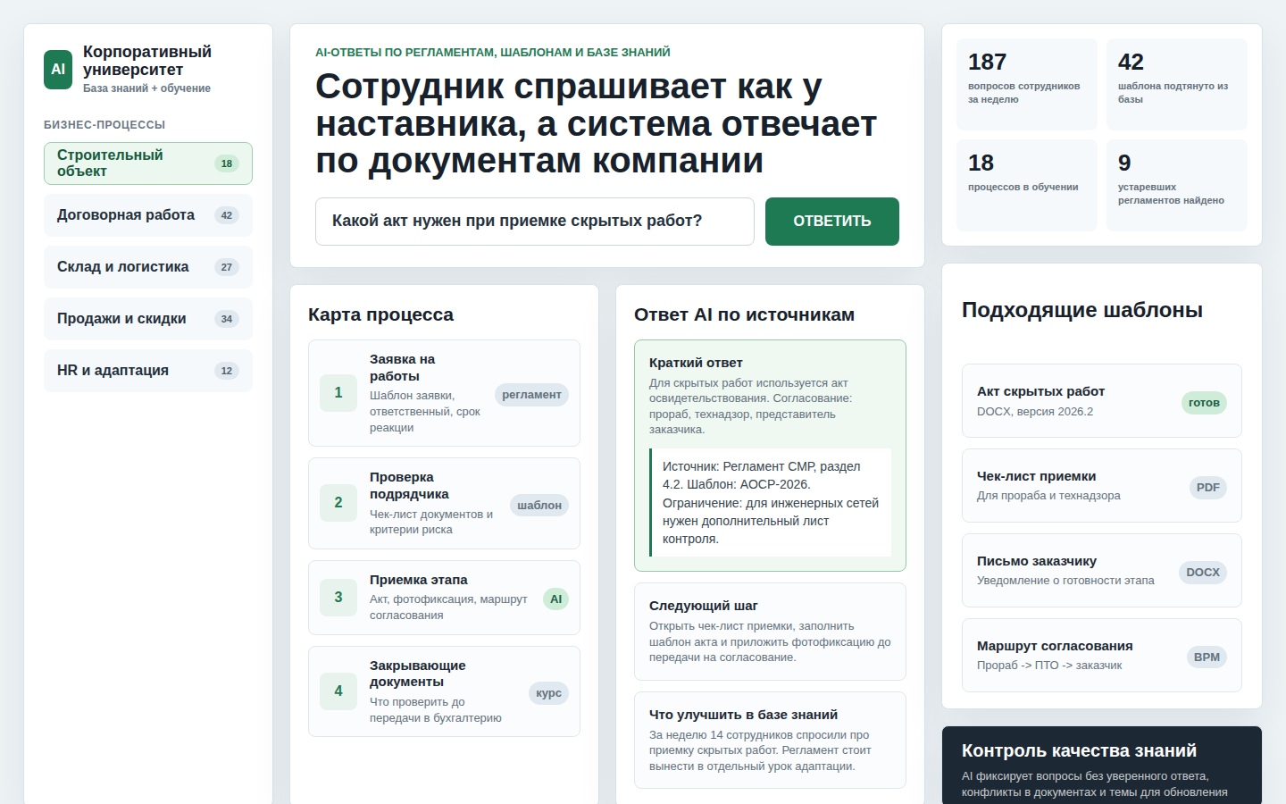 Панель корпоративной AI-академии с процессами, ответами и шаблонами